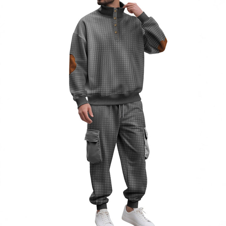Herr Check Relief Sweat Set med Ståkrage Knapplist, Velour Elbow Lappar och Cargo Jogger