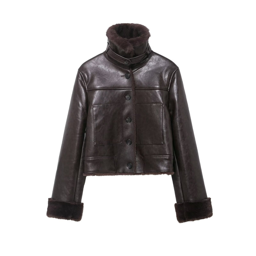 Dam Kort Sheepskin Jacka i Vintage Look med Hög Stå Krage och Patch Fickor
