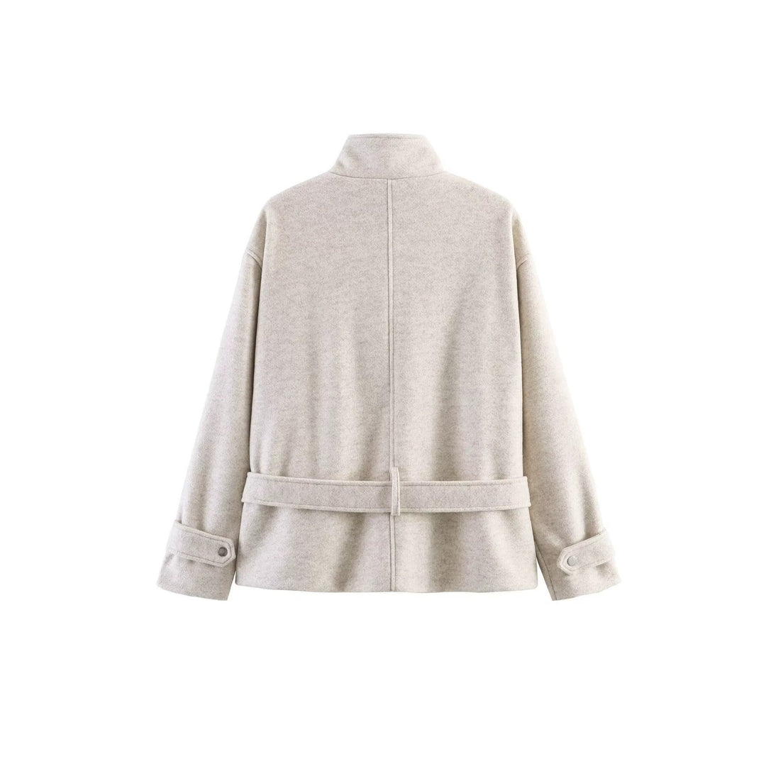 Dam Kort Ull Blend Övergångsjacka med Waist Belt och Stå Krage