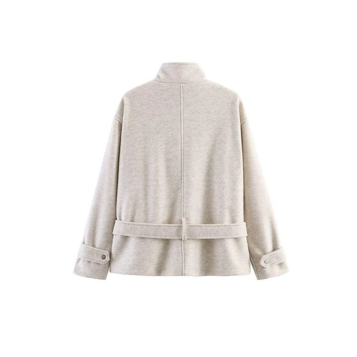 Dam Kort Ull Blend Övergångsjacka med Waist Belt och Stå Krage