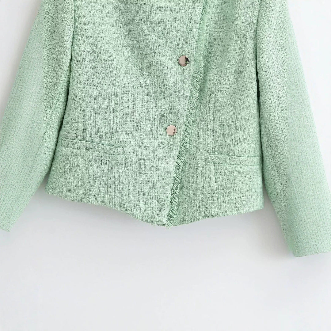 Dam Kort Skärning Bouclé Tweedjacka med Fringe Kant och Round Neckline