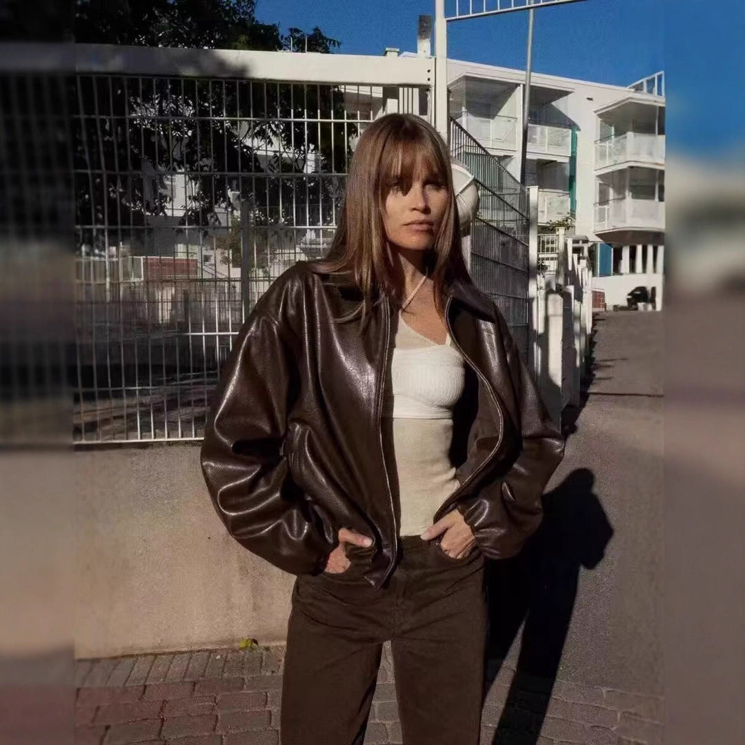 Dam Oversized Konstläder Blouson med Dragkedja och Elastic Fåll