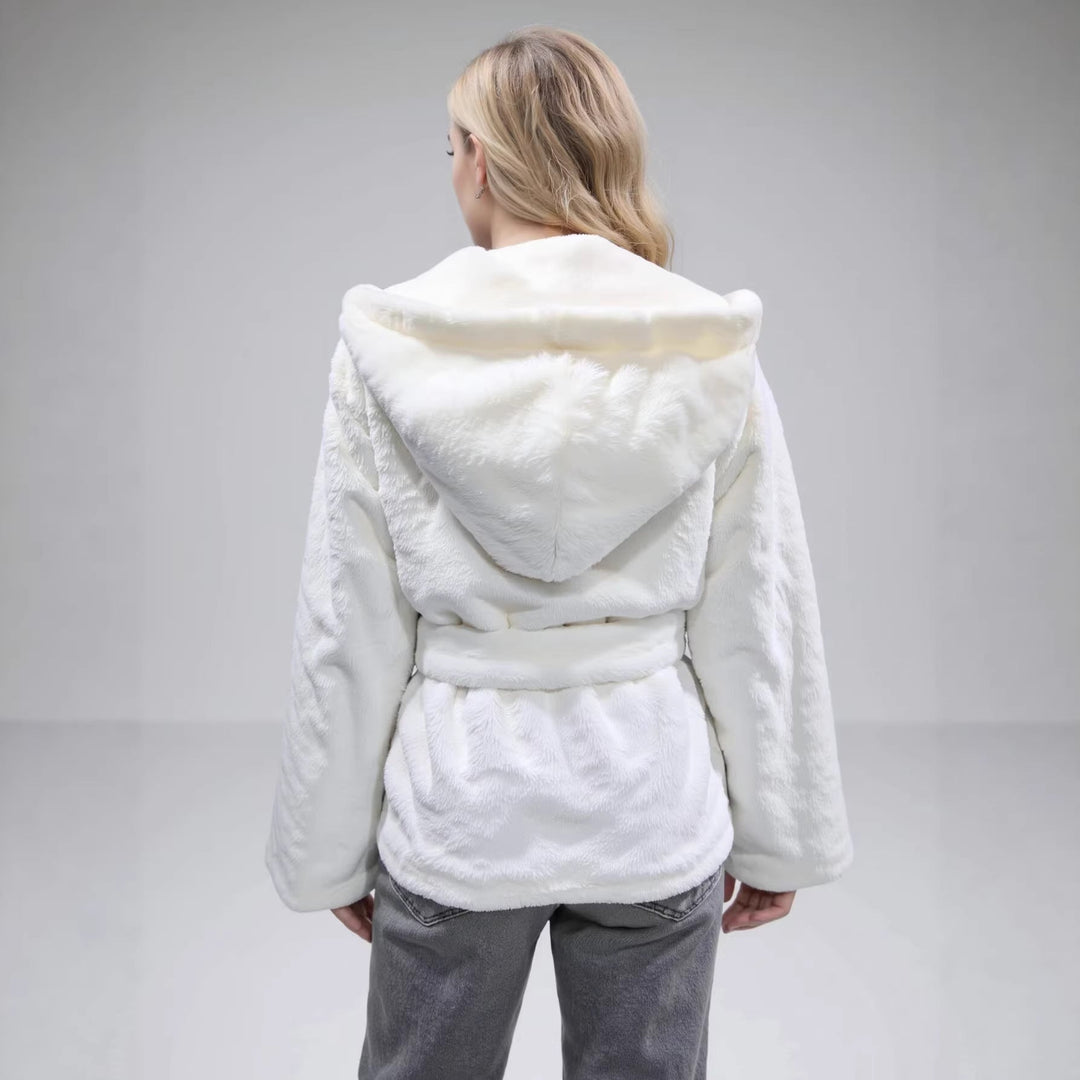 Dam Cozy Faux Fur kort jacka med Shawl huva och Bow Tie midjebälte