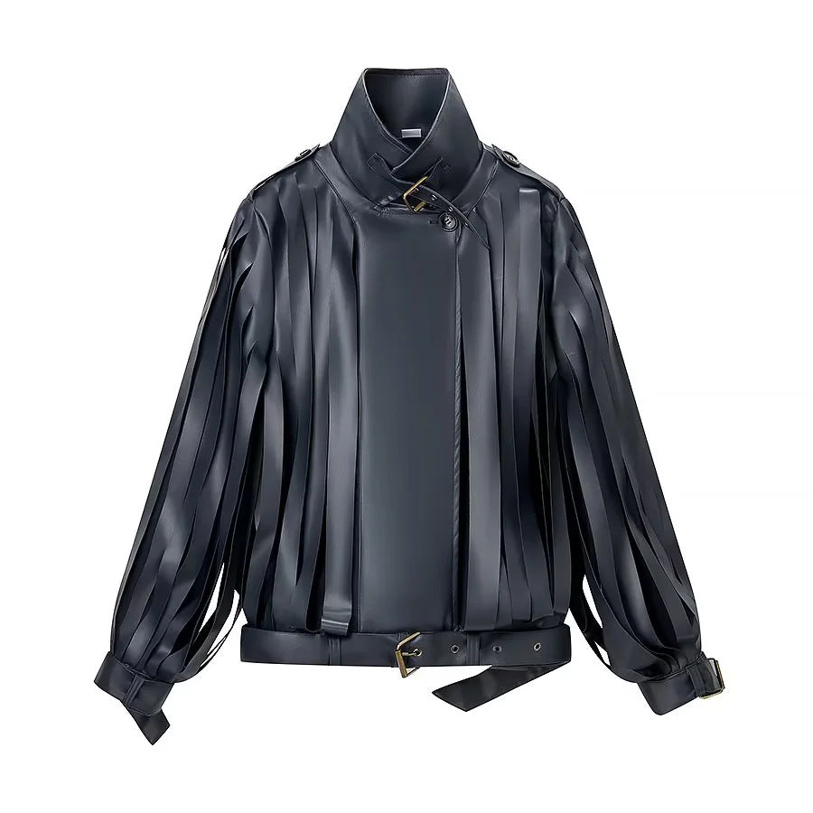 Dam konstläder blouse jacka med randig fringes, ståkrage och midjebälte