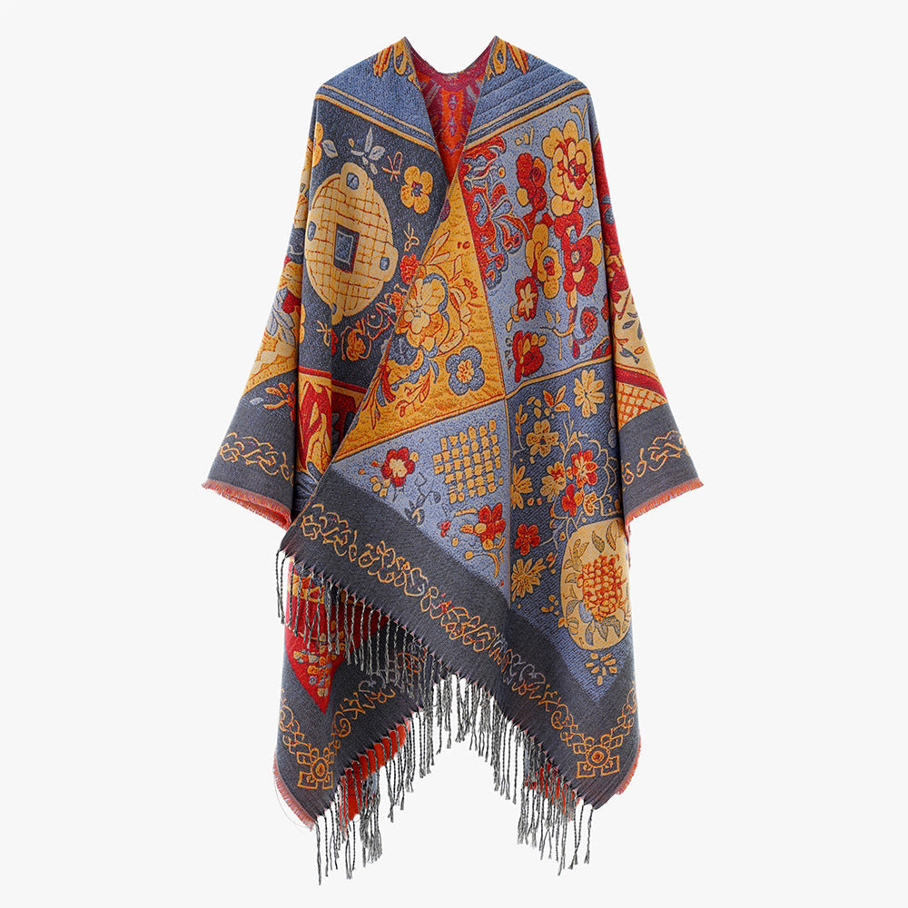 Dam Jacquard poncho med Boho Patchwork mönster och fransfåll