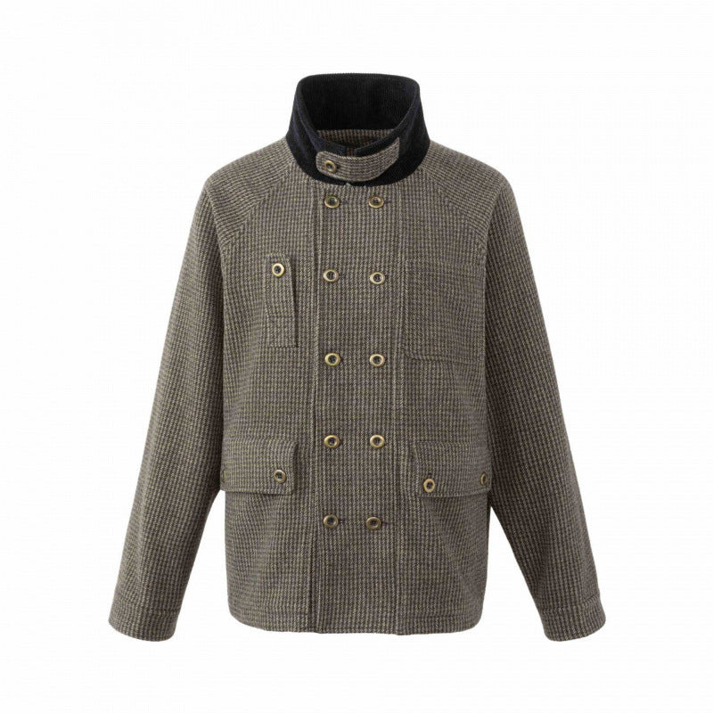 Herr Double-Breasted Ull Mix fältjacka i Houndstooth med Manchester Krage och fickor med lock