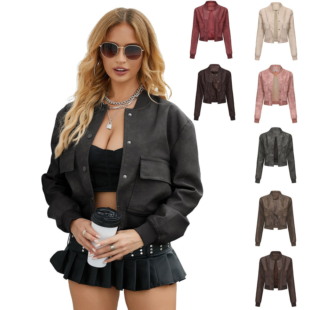 Dam kort crop konstläderjacka i blouson stil med snap front och flap fickor