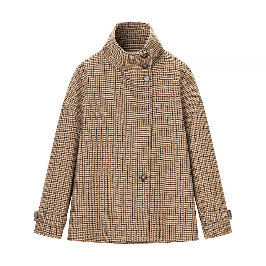 Dam trendig houndstooth övergångsjacka med high ståkrage och adjustable cuffs