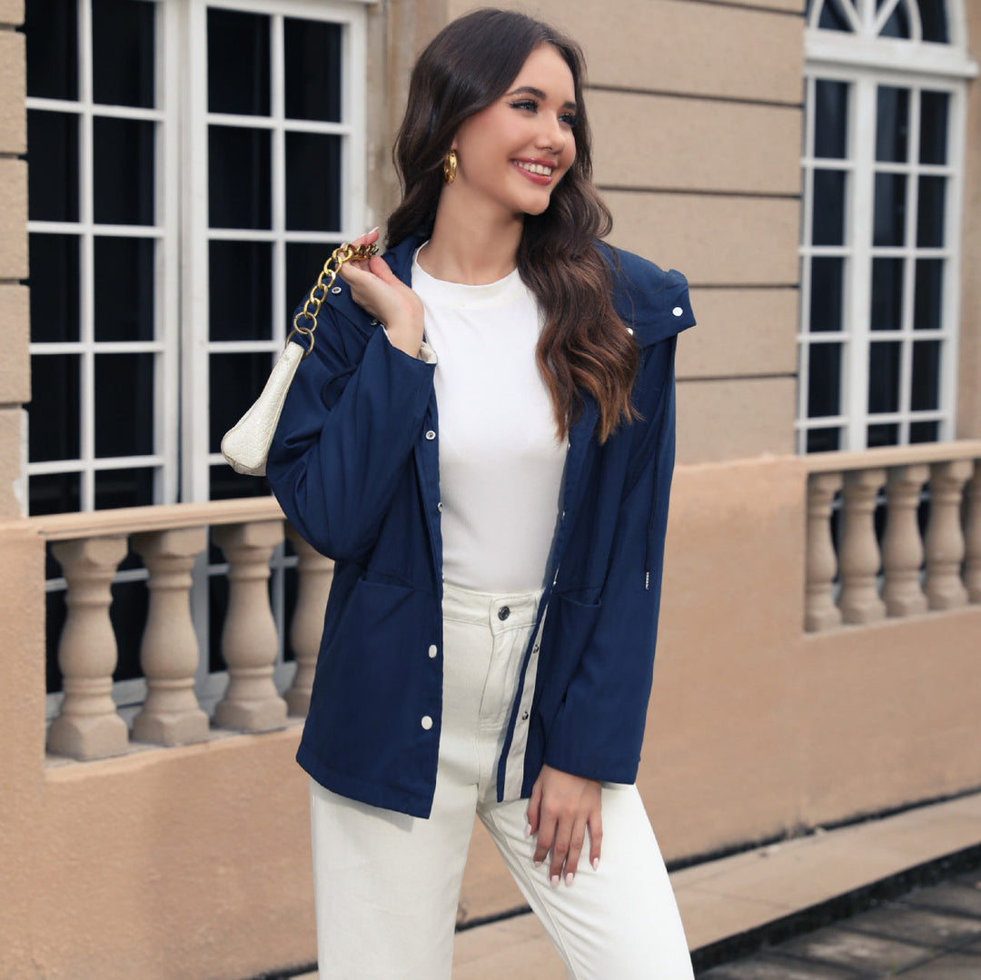 Dam vattenavvisande Hooded jacka med Snap Front, Drawstring och fickor