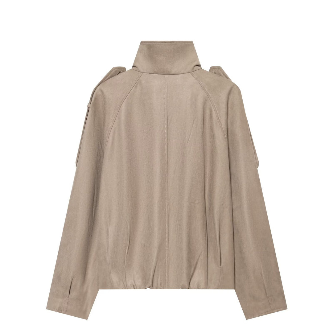 Dam Kort Skärning Trench Cape i Velour Look med Hög Stå Krage