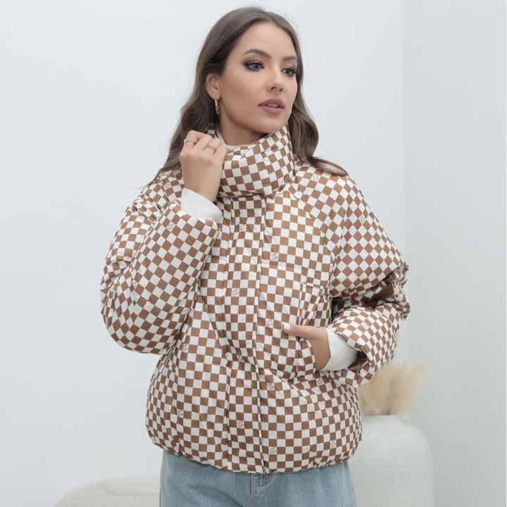 Dam kort quiltad Check vinterjacka med ståkrage och Arm Pocket