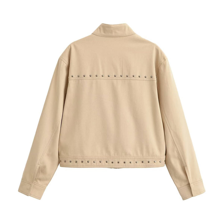 Dam Kort Blouson i Vegansk Läderlook med Stå Krage och Stud Embellishment