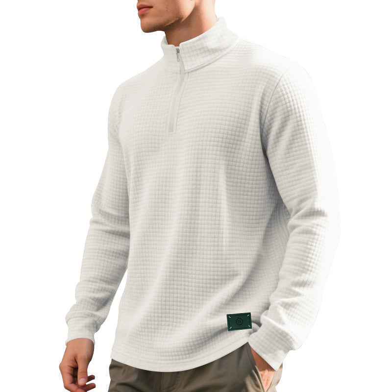 Herr Nano Lätt Waffle Stickad Pullover med Kort Krage Dragkedja och Rounded Fåll