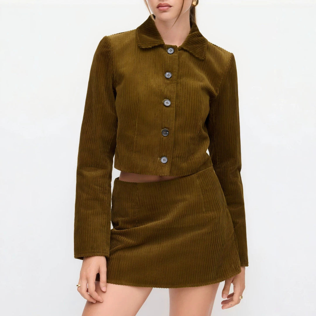 Dam Pleated kort jacka med skjortkrage och Turned-up Cuffs
