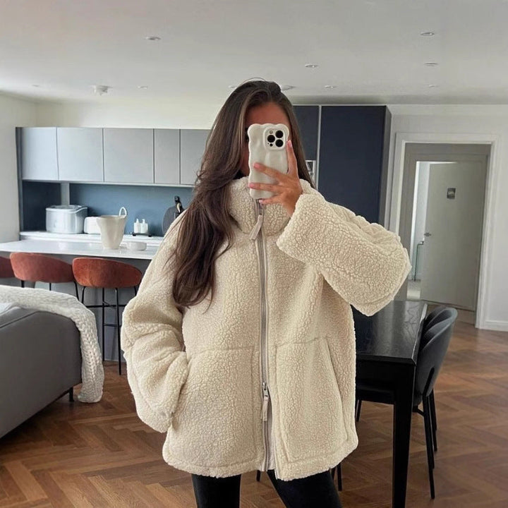 Dam oversize teddy-fleecejacka med dragkedja och ståkrage