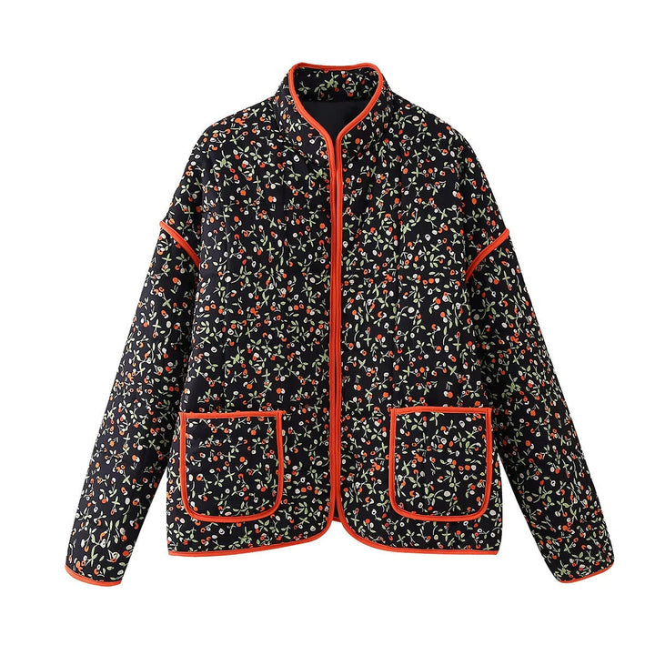 Dam 600+ Quiltad Embroidered Waist Belt Jacka med Blommig Mönster och Stå Krage