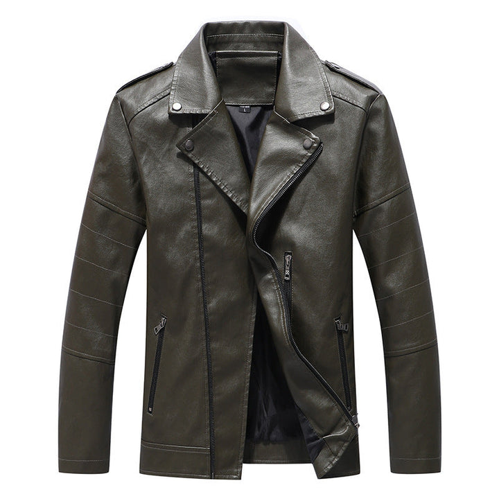 Herr Smal Passform Konstläder Biker Jacka med Quiltad Arm Panels och Lapel Krage