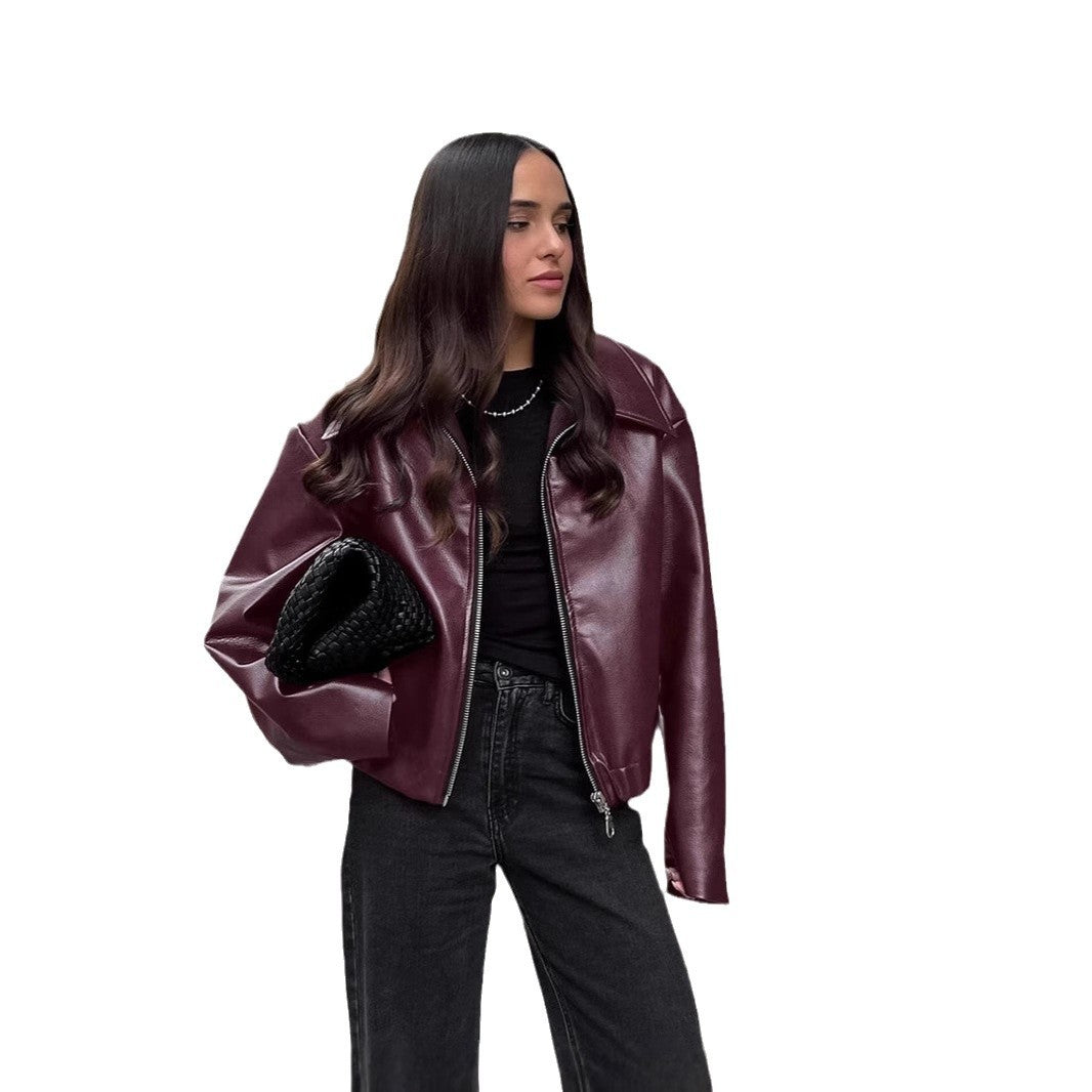 Dam kort oversize konstläder jacka med skjortkrage och Elastic fåll