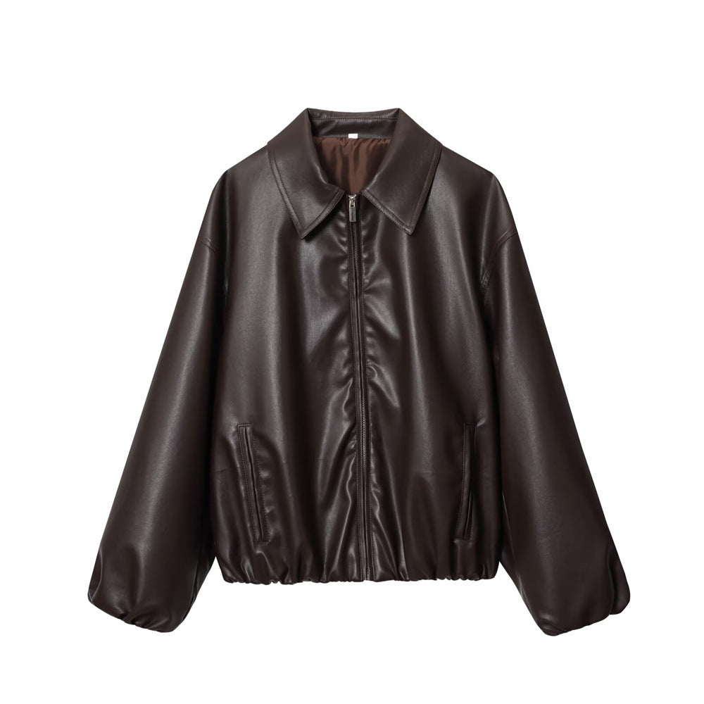Dam kort skuren oversize blouse jacka gjord vegan läder med skjortkrage och elastic fåll