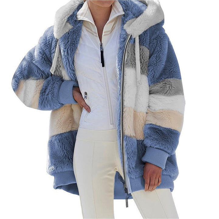 Dam oversized faux fur patchwork hooded jacka med ribbstickade muddar och two-way dragkedja