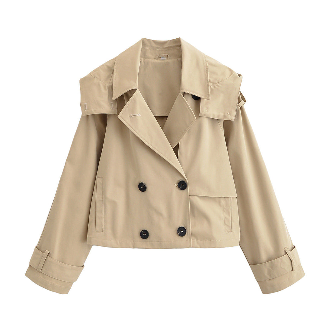 Dam 10+ Kort Skärning Trench Blouson med Double-Breasted Knapp Knäppning och Shoulder Patch