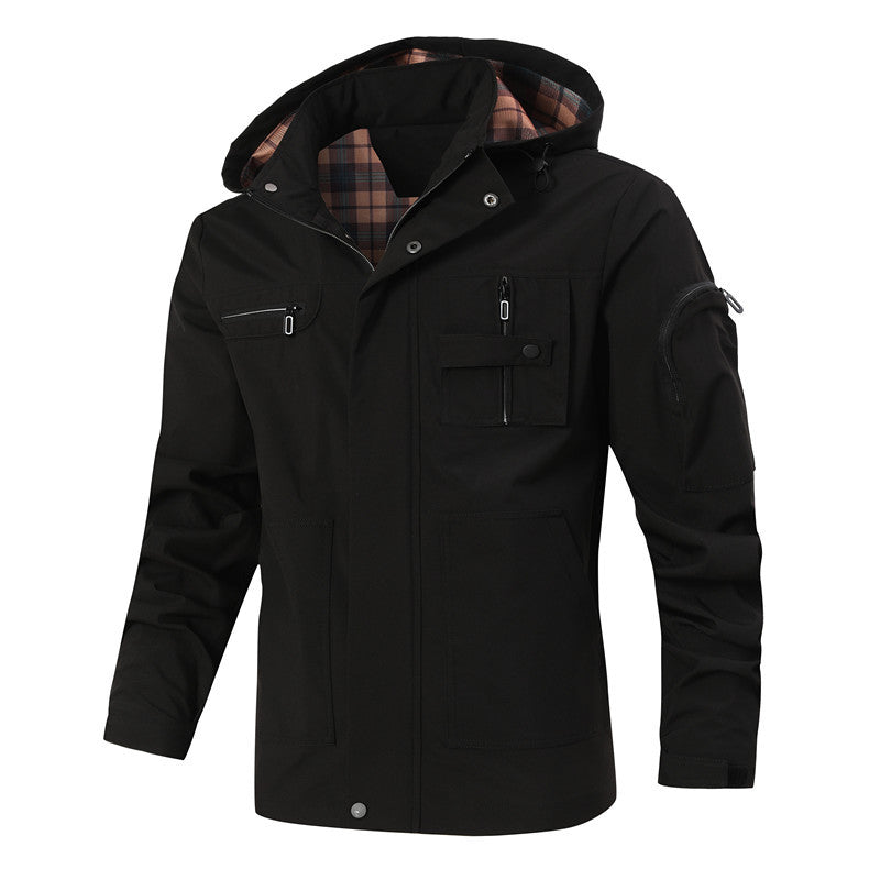 Herr Vindtät Softshell Jacka med Huva, Rutig Innerfoder och Multifunktionell Fickor