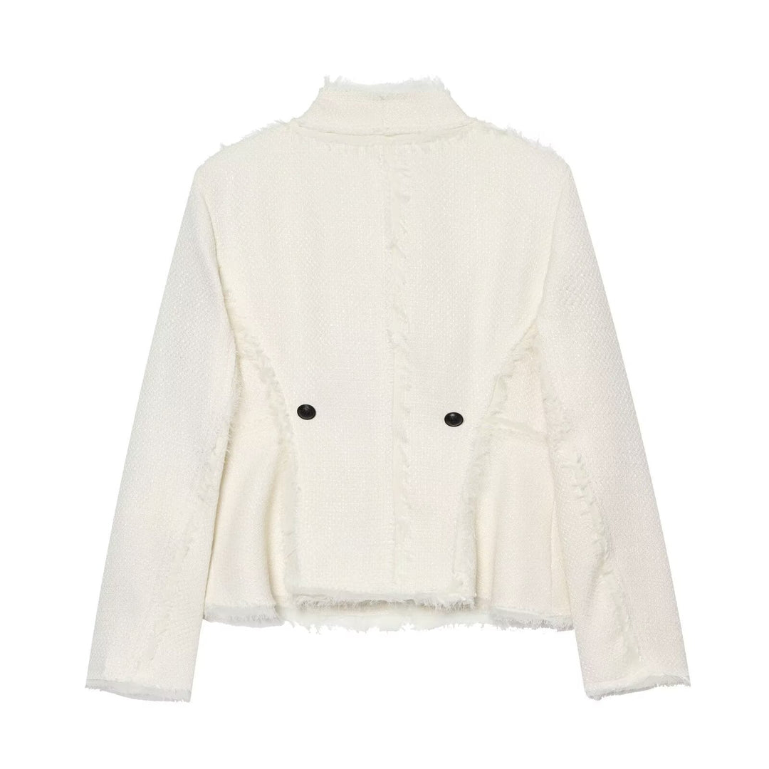 Dam Bouclé Kort Jacka med Fringe Kant och Asymmetrisk Single-Knapp Stängning