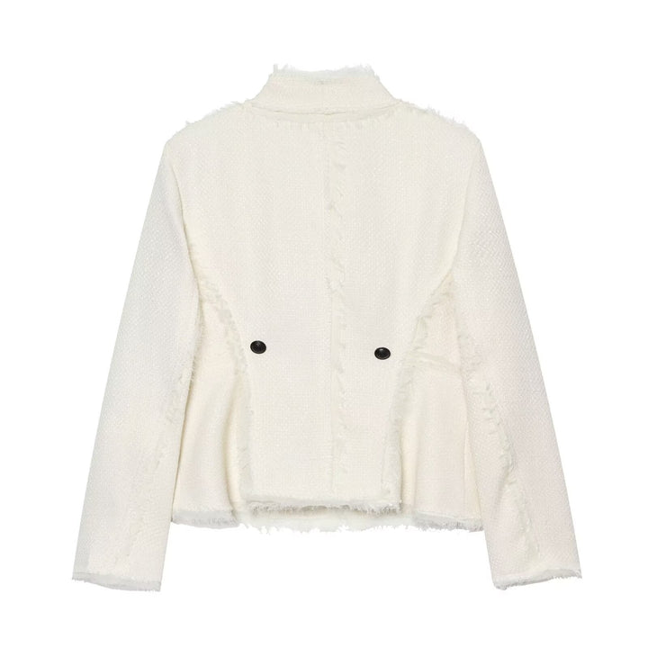 Dam Bouclé Kort Jacka med Fringe Kant och Asymmetrisk Single-Knapp Stängning