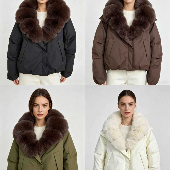 Dam nan kort thermal kviltad jacka med voluminous removable faux fur krage och skräddad fåll