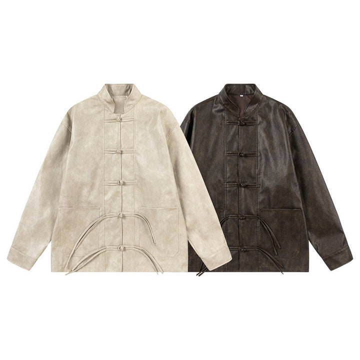 Unisex Asian Inspired Oversized Jacka med Mandarinkrage och Knot Stängningar
