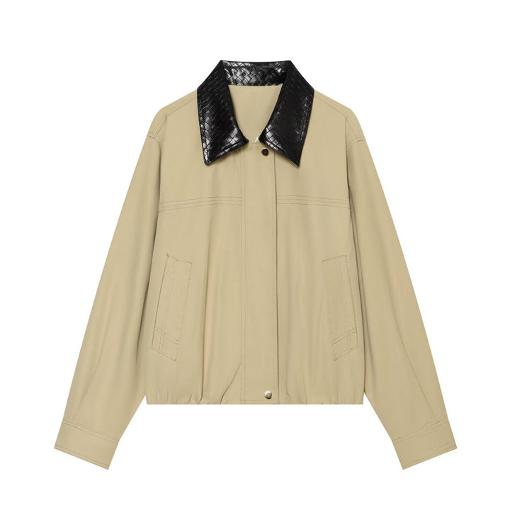 Dam Lätt Oversize Blouson Jacka med Contrasting Embossed Faux Läder Krage