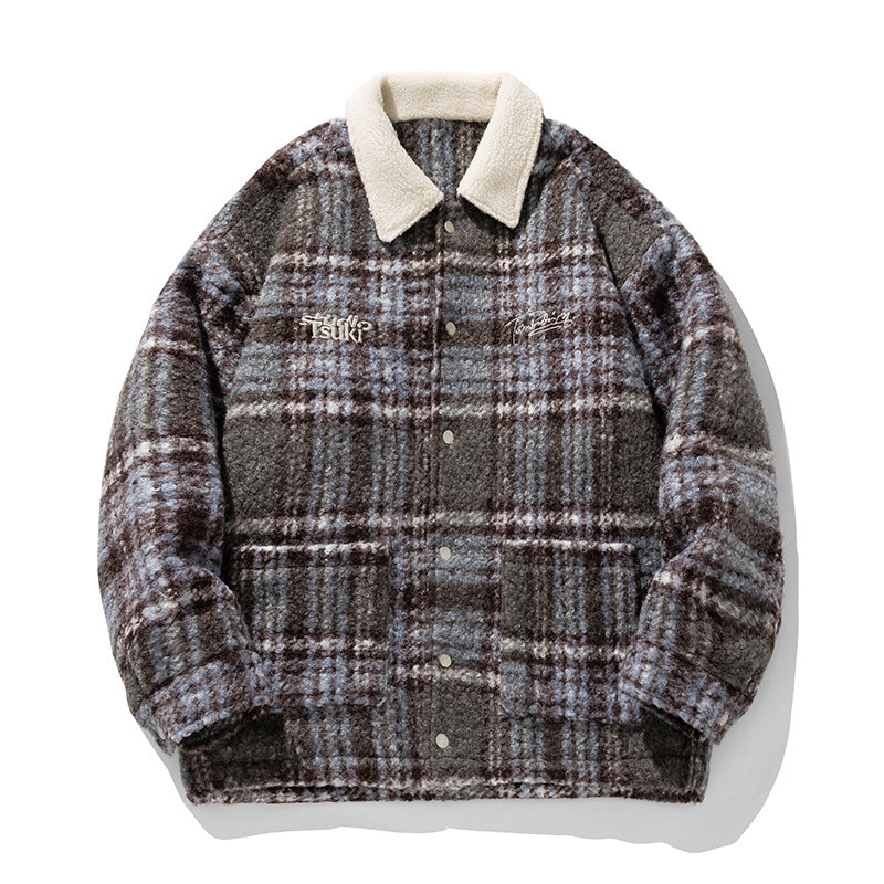 Unisex Mysig Teddy Fleece Skjortjacka i Check Design med Tryckknapp Knapp Knäppning och Patch Fickor