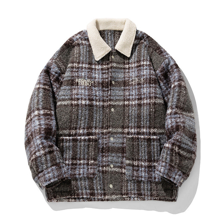 Unisex Mysig Teddy Fleece Skjortjacka i Check Design med Tryckknapp Knapp Knäppning och Patch Fickor