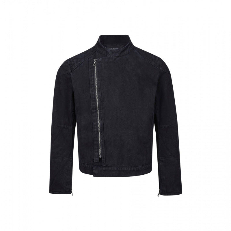 Herr Asymmetric Kort Jacka i Biker Stil med ståkrage och Diagonal metall Dragkedja