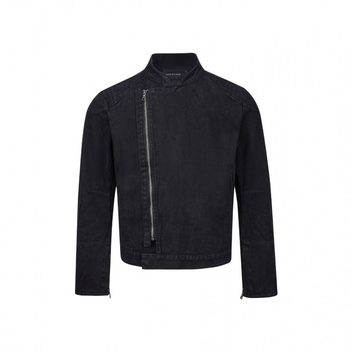 Herr Asymmetric Kort Jacka i Biker Stil med ståkrage och Diagonal metall Dragkedja