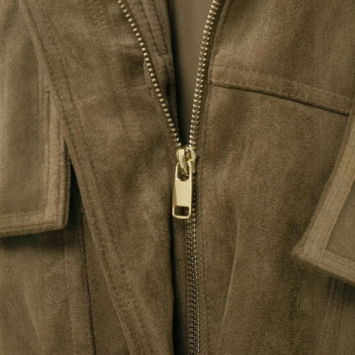 Dam oversize-kort mocka look jacka med huva och Flap fickor