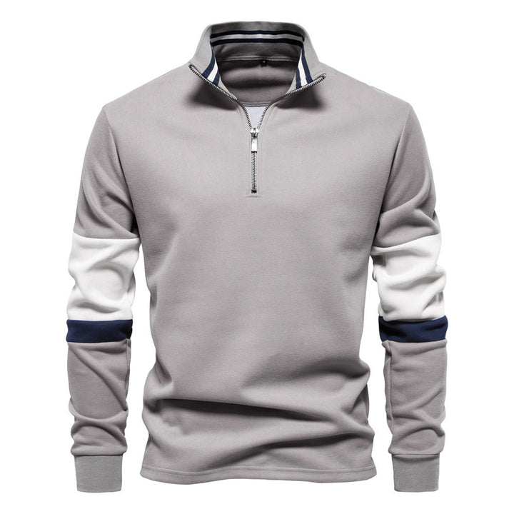 Herr Halv Dragkedja Pullover med Ståkrage, Randig Krage Inner Band och Contrast Ärmar