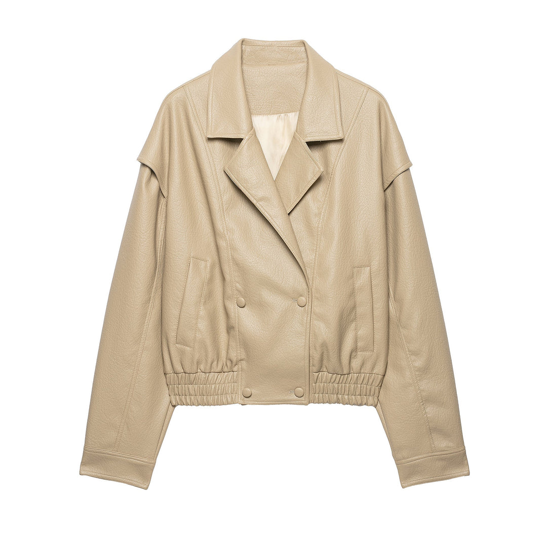 Dam Kort Blouson i Läderlook med Double Row och Elastic Nederkant