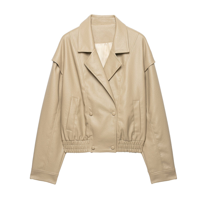 Dam Kort Blouson i Läderlook med Double Row och Elastic Nederkant