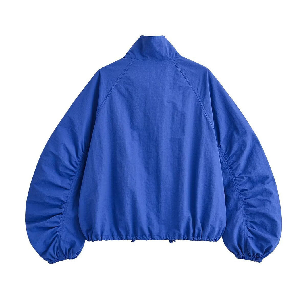 Dam Kort Blouson Jacka med Stå Krage, Voluminous Balloon Ärmar och Drawstring Nederkant