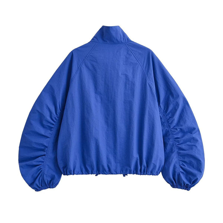 Dam Kort Blouson Jacka med Stå Krage, Voluminous Balloon Ärmar och Drawstring Nederkant