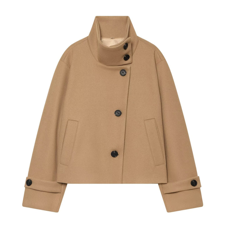 Dam Kort Ull Blouson Kappa med Hög Stå Krage och Knapp Knäppning