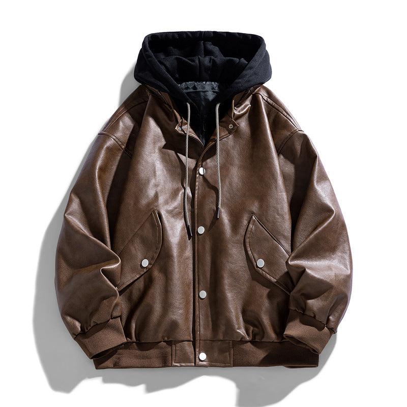 Herr Casual Läderimitation Pilot Jacka i Oversized Passform med Kontrast Huva &amp; Tryckknapp Knapp Slå