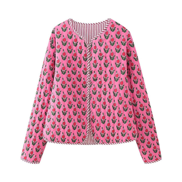Dam Vadderad Quiltad Blouse Jacka med Blommig Heltäckande Tryck och Contrast Piping