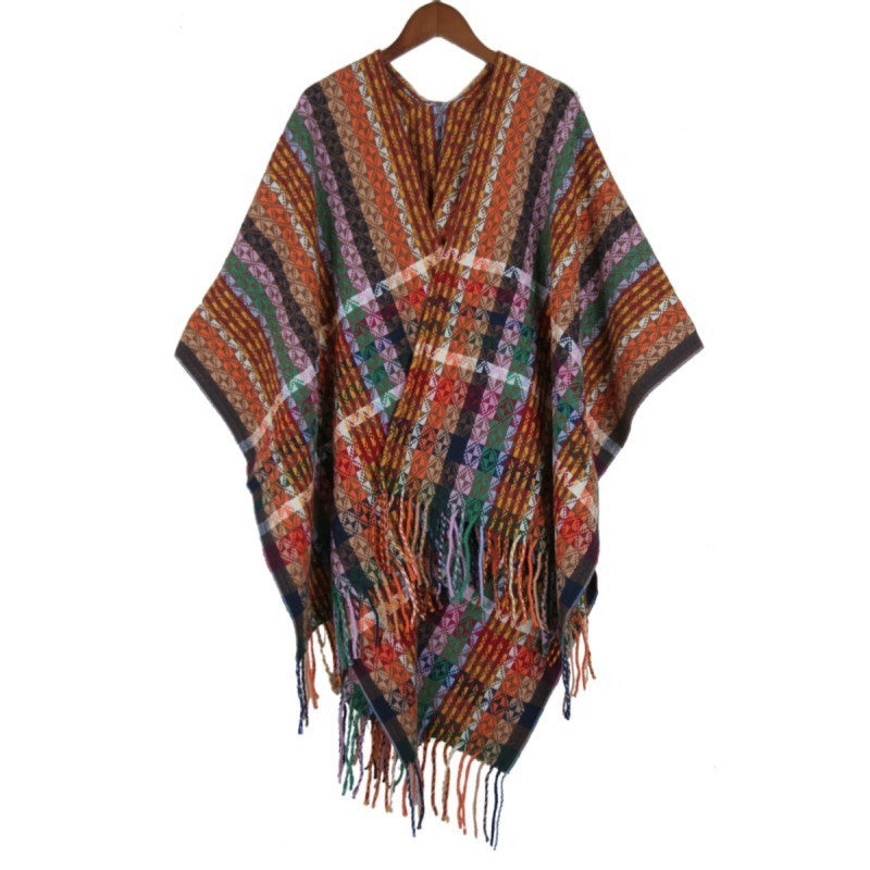 Dam Multicolored Woven poncho i Boho Patchwork design med Fringes