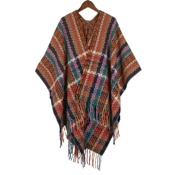 Dam Multicolored Woven poncho i Boho Patchwork design med Fringes