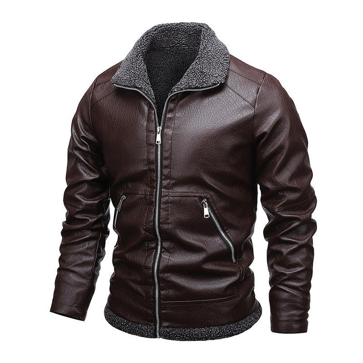 Herr Läder Look Pilot Jacka med Sherpa Interior Foder och Dold Zip Knapplist