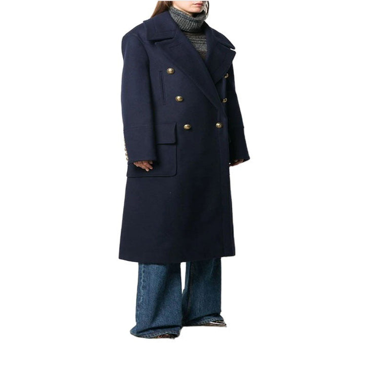 Dam marinblå-inspired double-breasted lång kappa gjord ullblandning med oversize lapels
