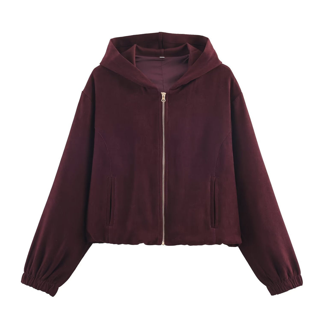 Dam Boxy med huva jacka in sammet look med hel Zip och Elastic fåll