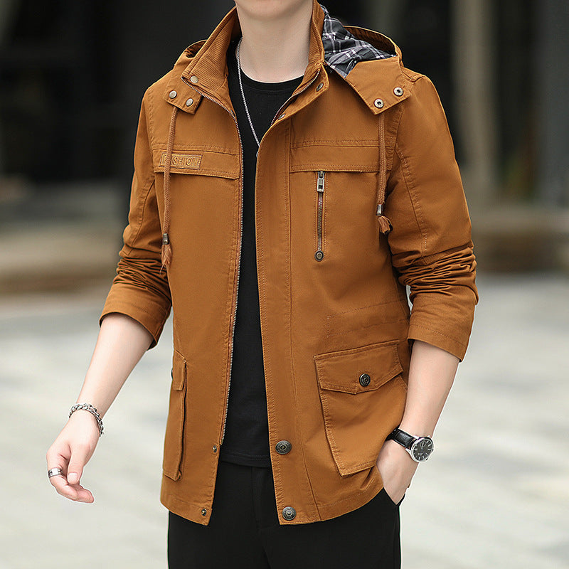 Herr Lätt Canvas Parka i Fält Stil med Huva och Multifunctional Fickor
